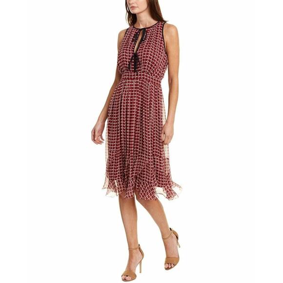 $428 Joie Garnet Red Rolanda Silk Geo Print Flounce Hem Midi Dress NWT 0